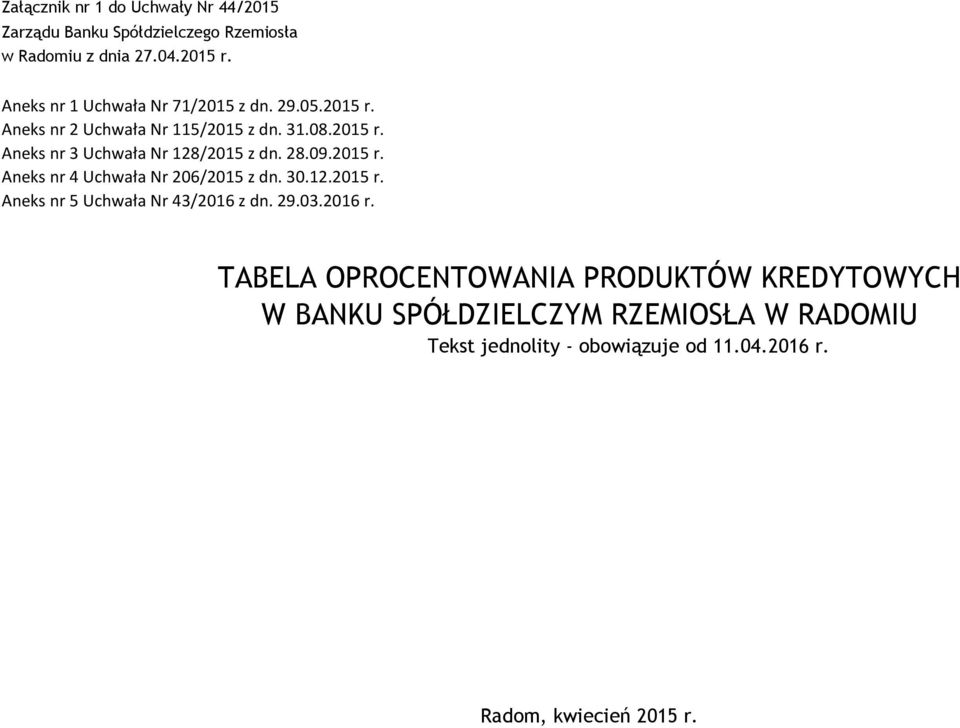 28.09.2015 r. Aneks nr 4 Uchwała Nr 206/2015 z dn. 30.12.2015 r. Aneks nr 5 Uchwała Nr 43/2016 z dn. 29.03.2016 r.