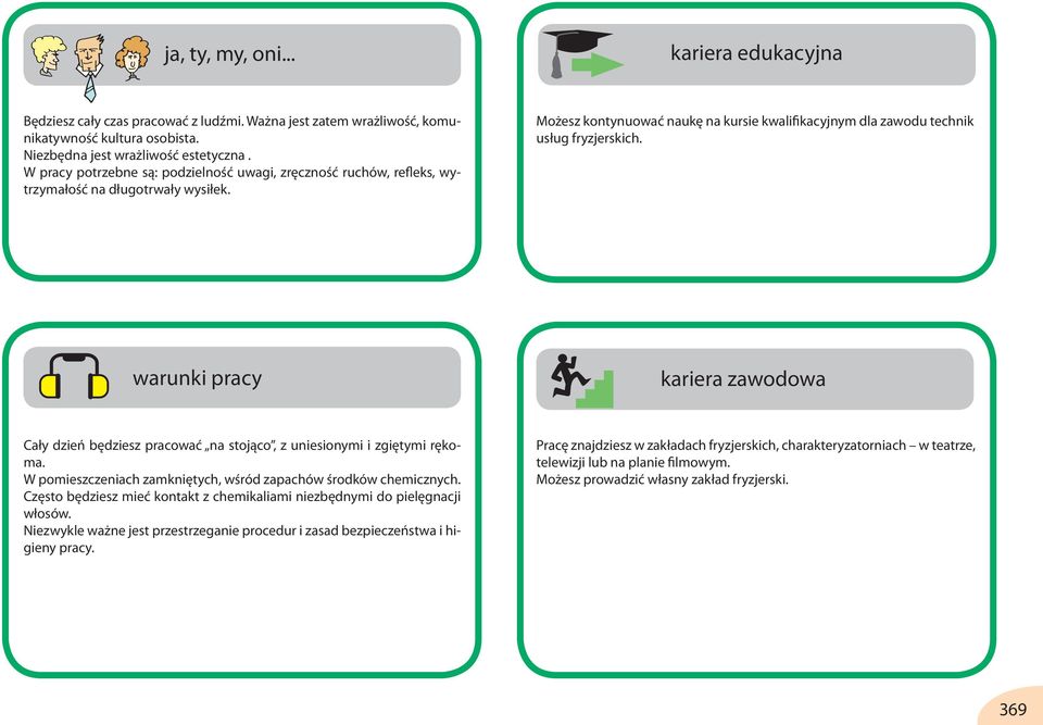 warunki pracy kariera zawodowa Cały dzień będziesz pracować na stojąco, z uniesionymi i zgiętymi rękoma. W pomieszczeniach zamkniętych, wśród zapachów środków chemicznych.