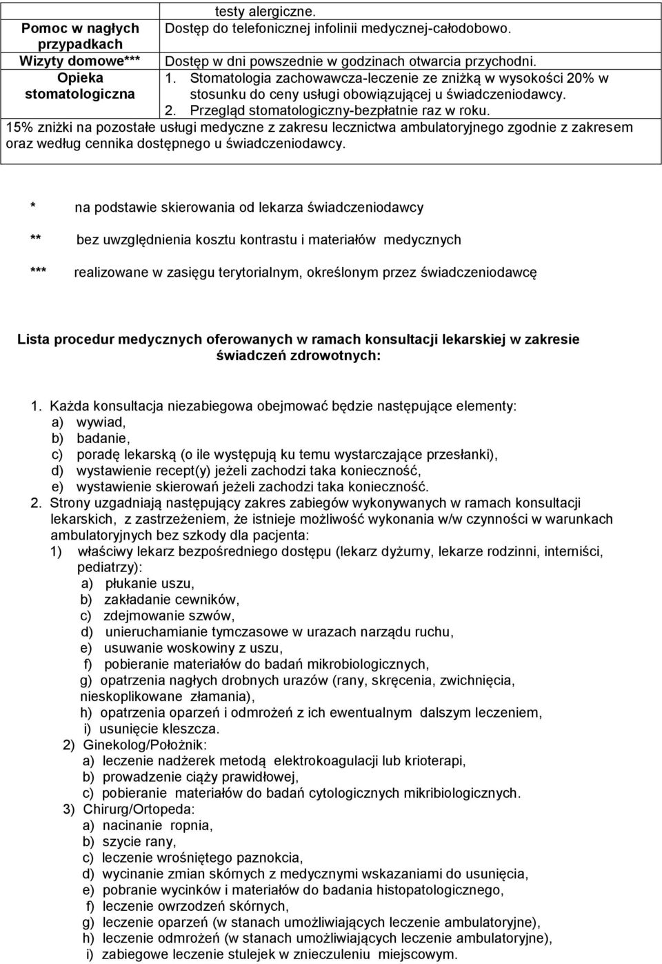 15% zniżki na pozostałe usługi medyczne z zakresu lecznictwa ambulatoryjnego zgodnie z zakresem oraz według cennika dostępnego u świadczeniodawcy.