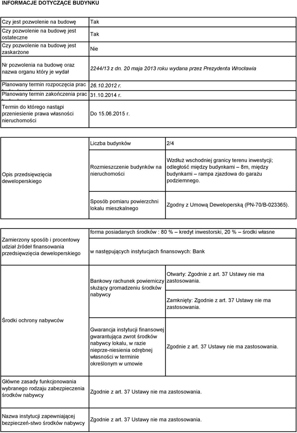 20 maja 2013 roku wydana przez Prezydenta Wrocławia 26.10.2012 r. 31.10.2014 r. Do 15.06.2015 r.