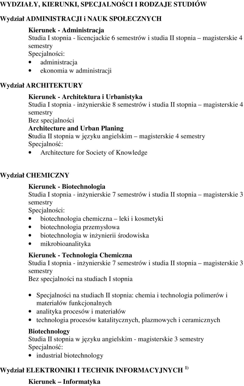 Planing Studia II stopnia w języku angielskim magisterskie 4 Architecture for Society of Knowledge Wydział CHEMICZNY Kierunek - Biotechnologia biotechnologia chemiczna leki i kosmetyki biotechnologia