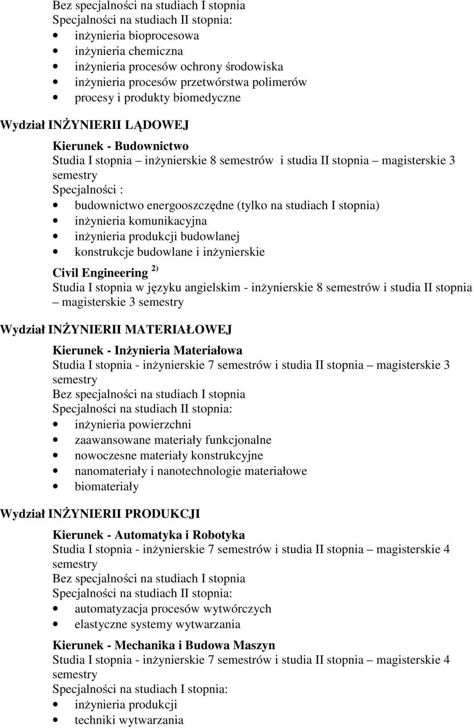 komunikacyjna inżynieria produkcji budowlanej konstrukcje budowlane i inżynierskie Civil Engineering 2) Studia I stopnia w języku angielskim - inżynierskie 8 semestrów i studia II stopnia