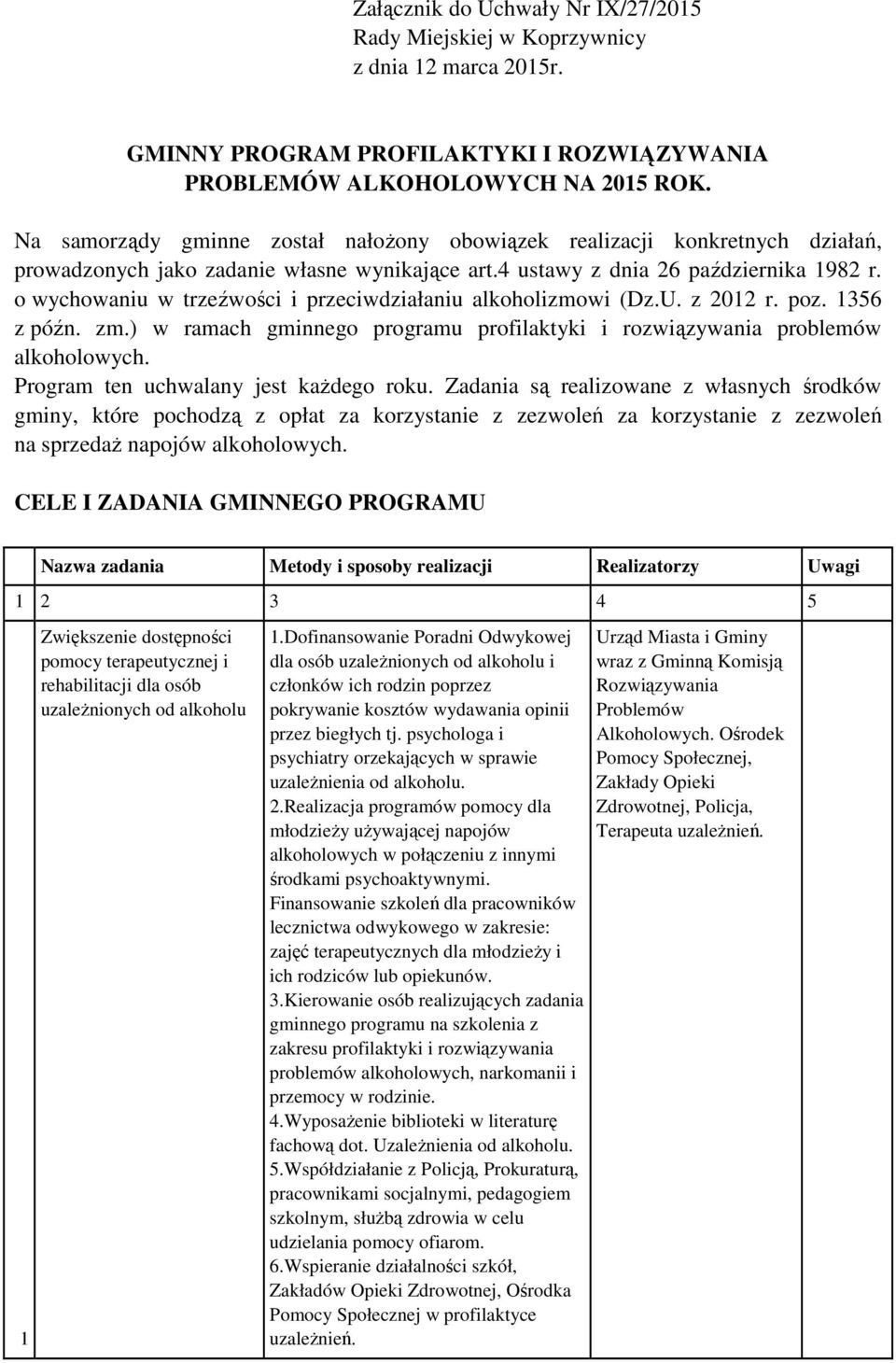 o wychowaniu w trzeźwości i przeciwdziałaniu alkoholizmowi (Dz.U. z 2012 r. poz. 1356 z późn. zm.) w ramach gminnego programu profilaktyki i rozwiązywania problemów alkoholowych.