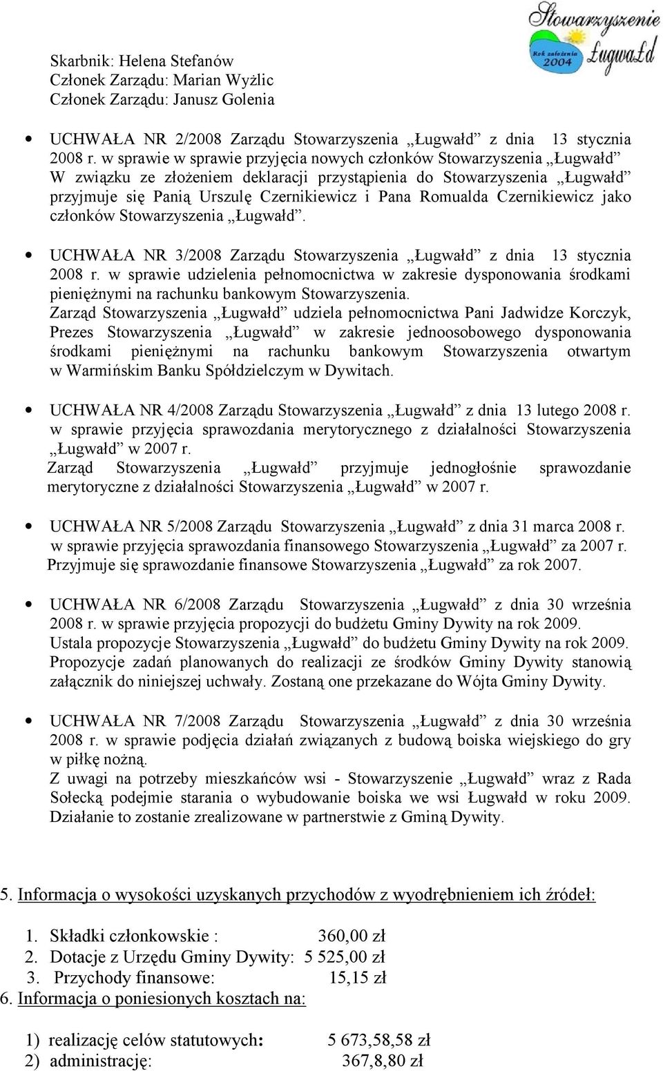 Romualda Czernikiewicz jako członków Stowarzyszenia Ługwałd. UCHWAŁA NR 3/2008 Zarządu Stowarzyszenia Ługwałd z dnia 13 stycznia 2008 r.