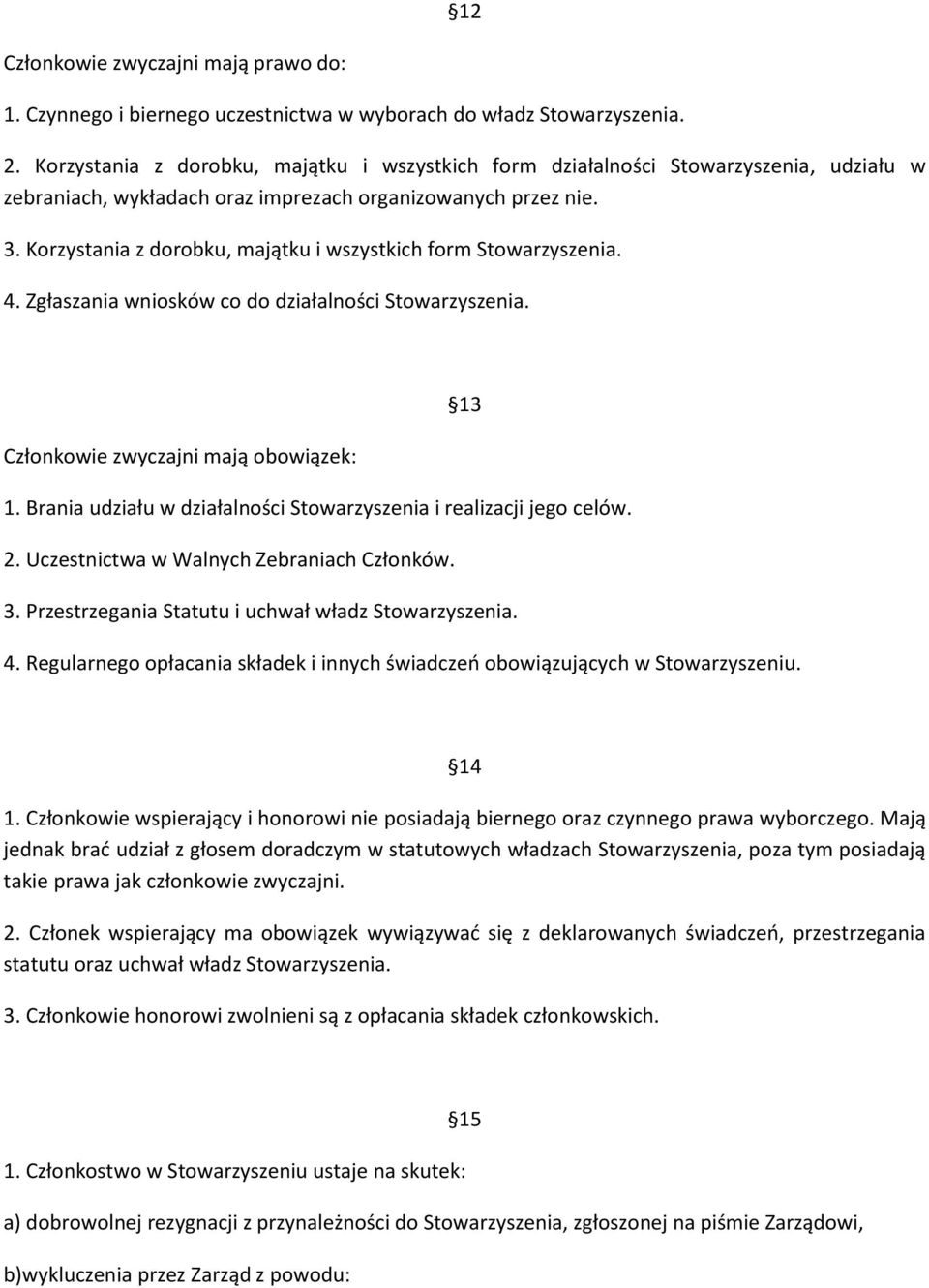 Korzystania z dorobku, majątku i wszystkich form Stowarzyszenia. 4. Zgłaszania wniosków co do działalności Stowarzyszenia. 13 Członkowie zwyczajni mają obowiązek: 1.