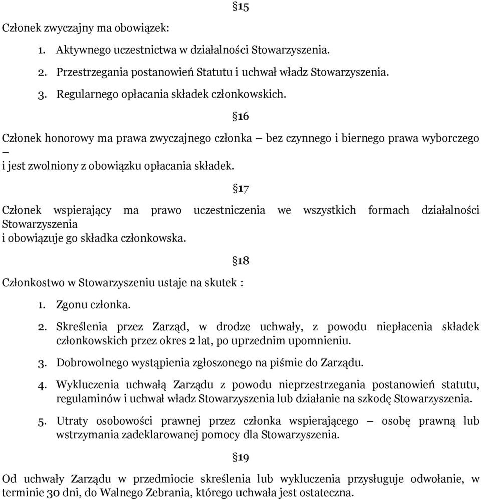 17 Członek wspierający ma prawo uczestniczenia we wszystkich formach działalności Stowarzyszenia i obowiązuje go składka członkowska. Członkostwo w Stowarzyszeniu ustaje na skutek : 1. Zgonu członka.