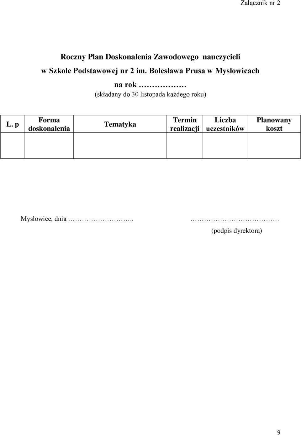 Bolesława Prusa w Mysłowicach na rok (składany do 30 listopada każdego