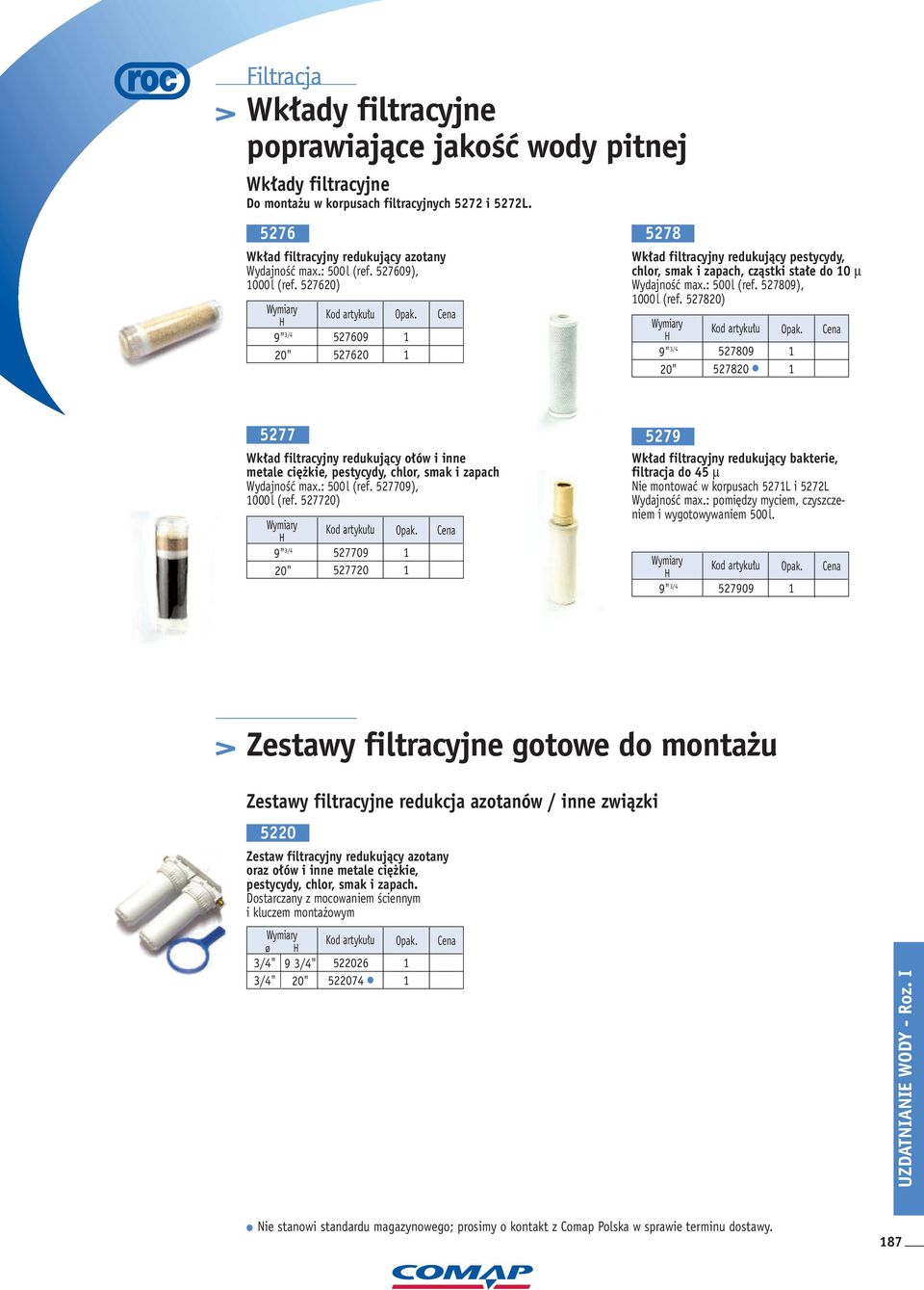 527820) H 20" 527809 527820 5277 Wk ad filtracyjny redukujàcy o ów i inne metale ci kie, pestycydy, chlor, smak i zapach WydajnoÊç max.: 500l (ref. 527709), 000l (ref.