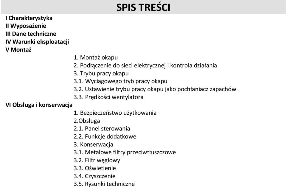 Ustawienie trybu pracy okapu jako pochłaniacz zapachów 3.3. Prędkości wentylatora VI Obsługa i konserwacja 1. Bezpieczeństwo użytkowania 2.