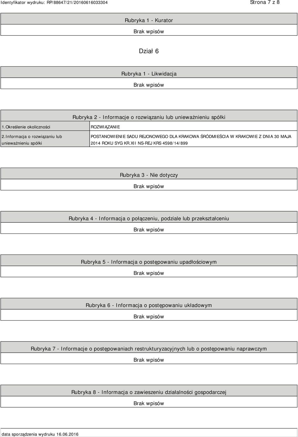 XII NS-REJ KRS 4598/14/899 Rubryka 3 - Nie dotyczy Rubryka 4 - Informacja o połączeniu, podziale lub przekształceniu Rubryka 5 - Informacja o postępowaniu upadłościowym Rubryka 6