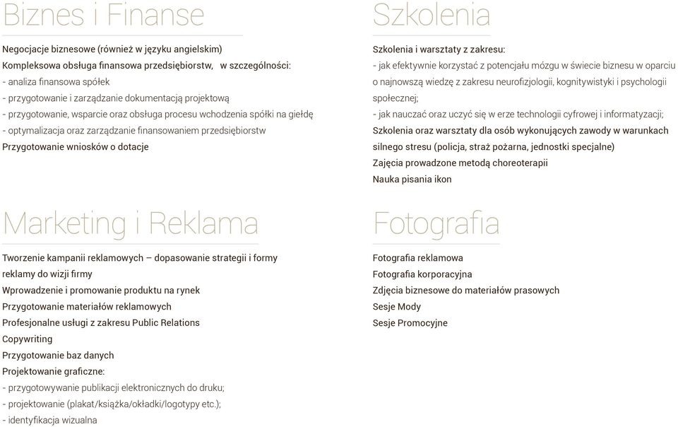 Marketing i Reklama Tworzenie kampanii reklamowych dopasowanie strategii i formy reklamy do wizji firmy Wprowadzenie i promowanie produktu na rynek Przygotowanie materiałów reklamowych Profesjonalne