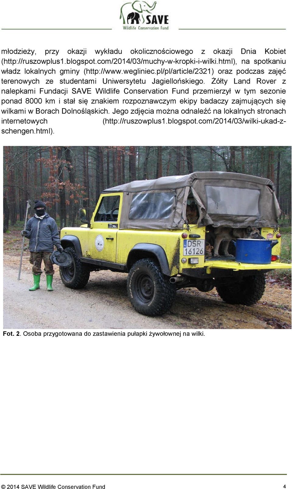Żółty Land Rover z nalepkami Fundacji SAVE Wildlife Conservation Fund przemierzył w tym sezonie ponad 8000 km i stał się znakiem rozpoznawczym ekipy badaczy zajmujących się wilkami w