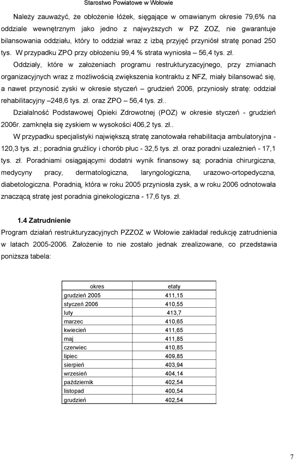 Oddziały, które w założeniach programu restrukturyzacyjnego, przy zmianach organizacyjnych wraz z możliwością zwiększenia kontraktu z NFZ, miały bilansować się, a nawet przynosić zyski w okresie