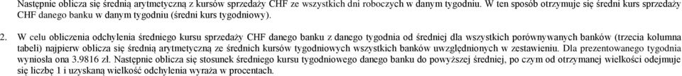 W celu obliczenia odchylenia średniego kursu sprzedaży CHF danego banku z danego tygodnia od średniej dla wszystkich porównywanych banków (trzecia kolumna tabeli) najpierw oblicza się