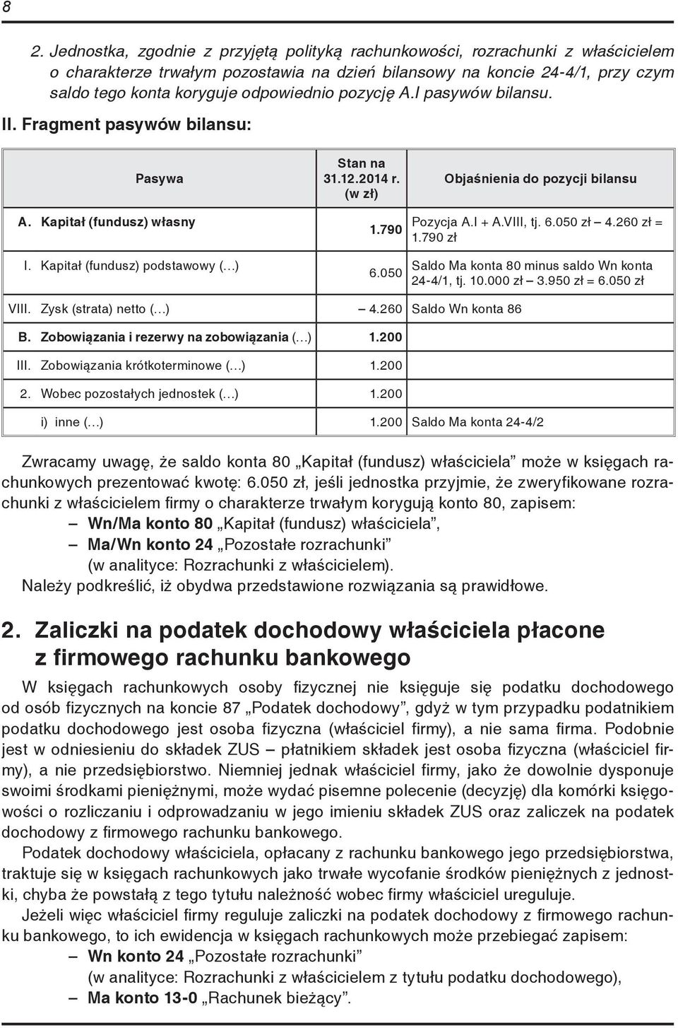 Kapitał (fundusz) podstawowy ( ) 1.790 6.050 Pozycja A.I + A.VIII, tj. 6.050 zł 4.260 zł = 1.790 zł Saldo Ma konta 80 minus saldo Wn konta 24-4/1, tj. 10.000 zł 3.950 zł = 6.050 zł VIII.