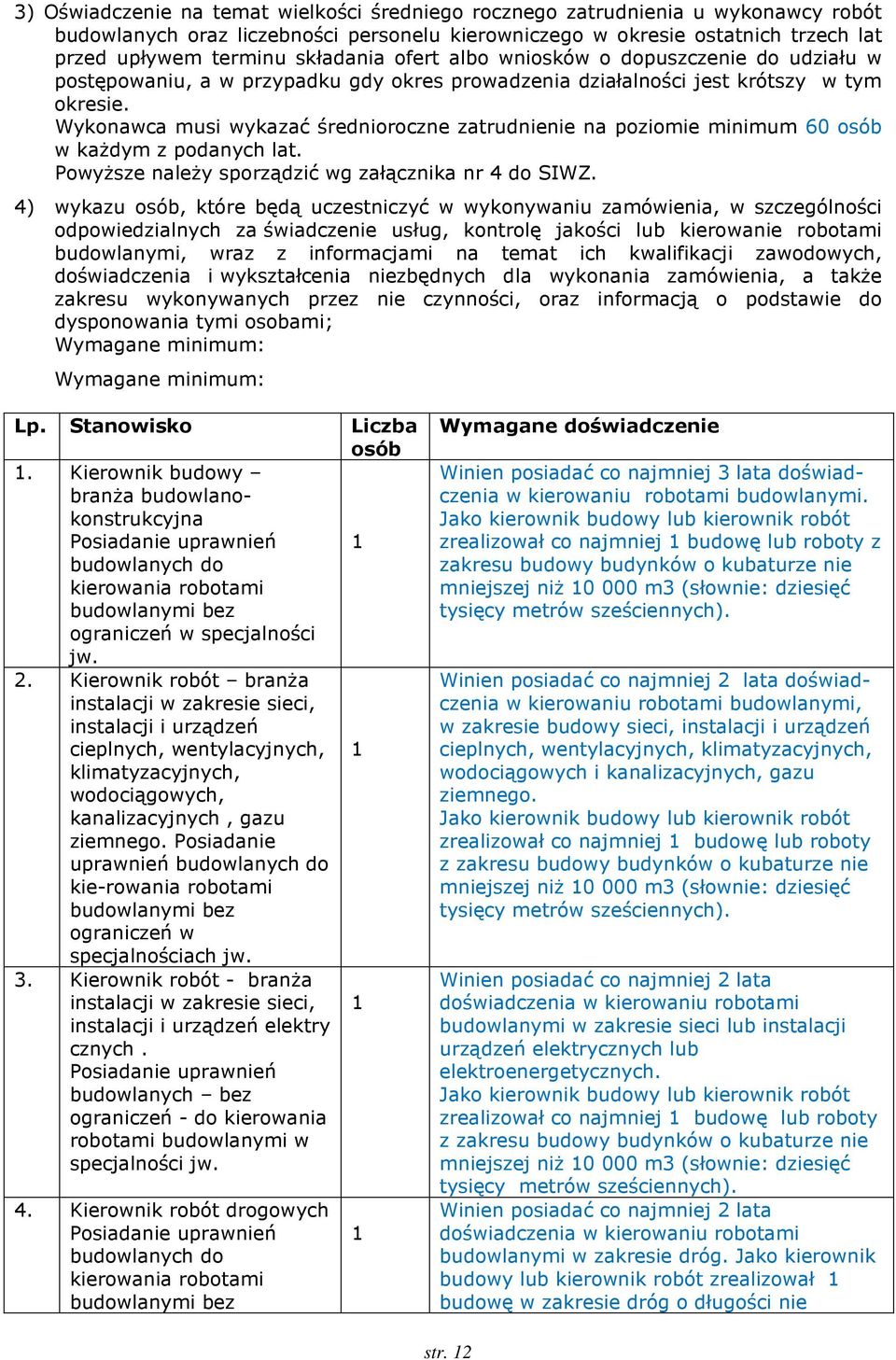 Wykonawca musi wykazać średnioroczne zatrudnienie na poziomie minimum 60 osób w każdym z podanych lat. Powyższe należy sporządzić wg załącznika nr 4 do SIWZ.