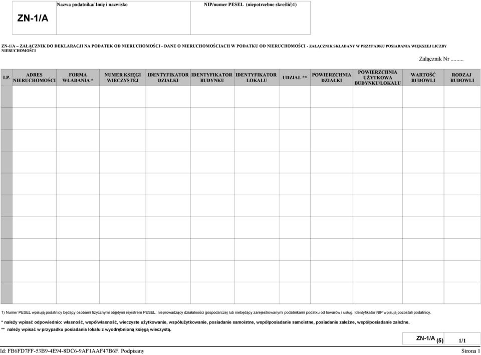 UDZIAŁ ** NIERUCHOMOŚCI WŁADANIA * WIECZYSTEJ DZIAŁKI BUDYNKU LOKALU POWIERZCHNIA DZIAŁKI POWIERZCHNIA UŻYTKOWA BUDYNKU/LOKALU WARTOŚĆ BUDOWLI RODZAJ BUDOWLI 1) Numer PESEL wpisują podatnicy będący