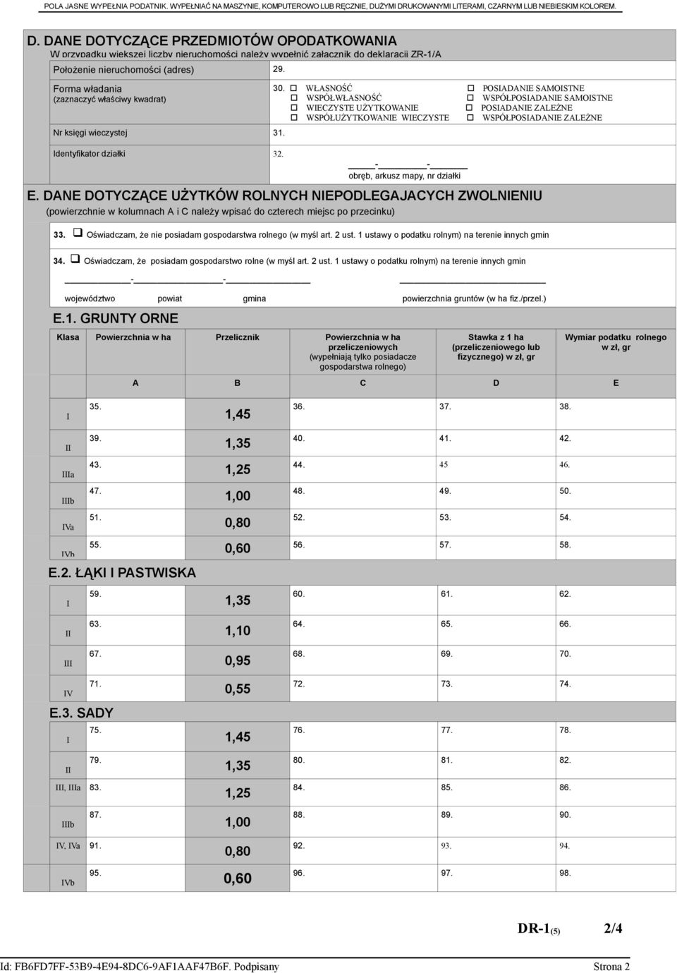 Forma władania (zaznaczyć właściwy kwadrat) Nr księgi wieczystej 31. Identyfikator działki 32. 30.