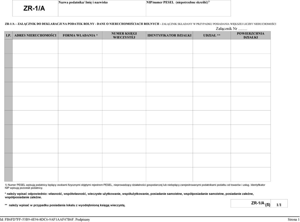 ADRES NIERUCHOMOŚCI FORMA WŁADANIA * NUMER KSIĘGI POWIERZCHNIA IDENTYFIKATOR DZIAŁKI UDZIAŁ ** WIECZYSTEJ DZIAŁKI 1) Numer PESEL wpisują podatnicy będący osobami fizycznymi objętymi rejestrem PESEL