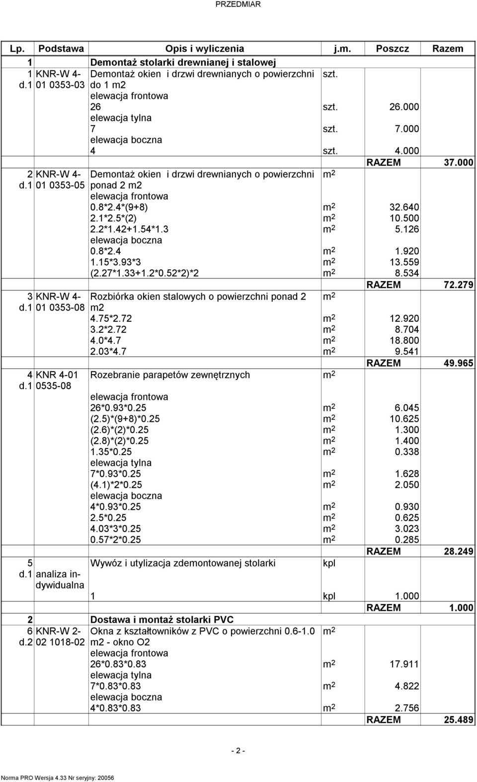 126 0.8*2.4 1.920 1.15*3.93*3 13.559 (2.27*1.33+1.2*0.52*2)*2 8.534 RAZEM 72.279 3 KNR-W 4- Rozbiórka okien stalowych o powierzchni ponad 2 d.1 01 0353-08 m2 4.75*2.72 12.920 3.2*2.72 8.704 4.0*4.