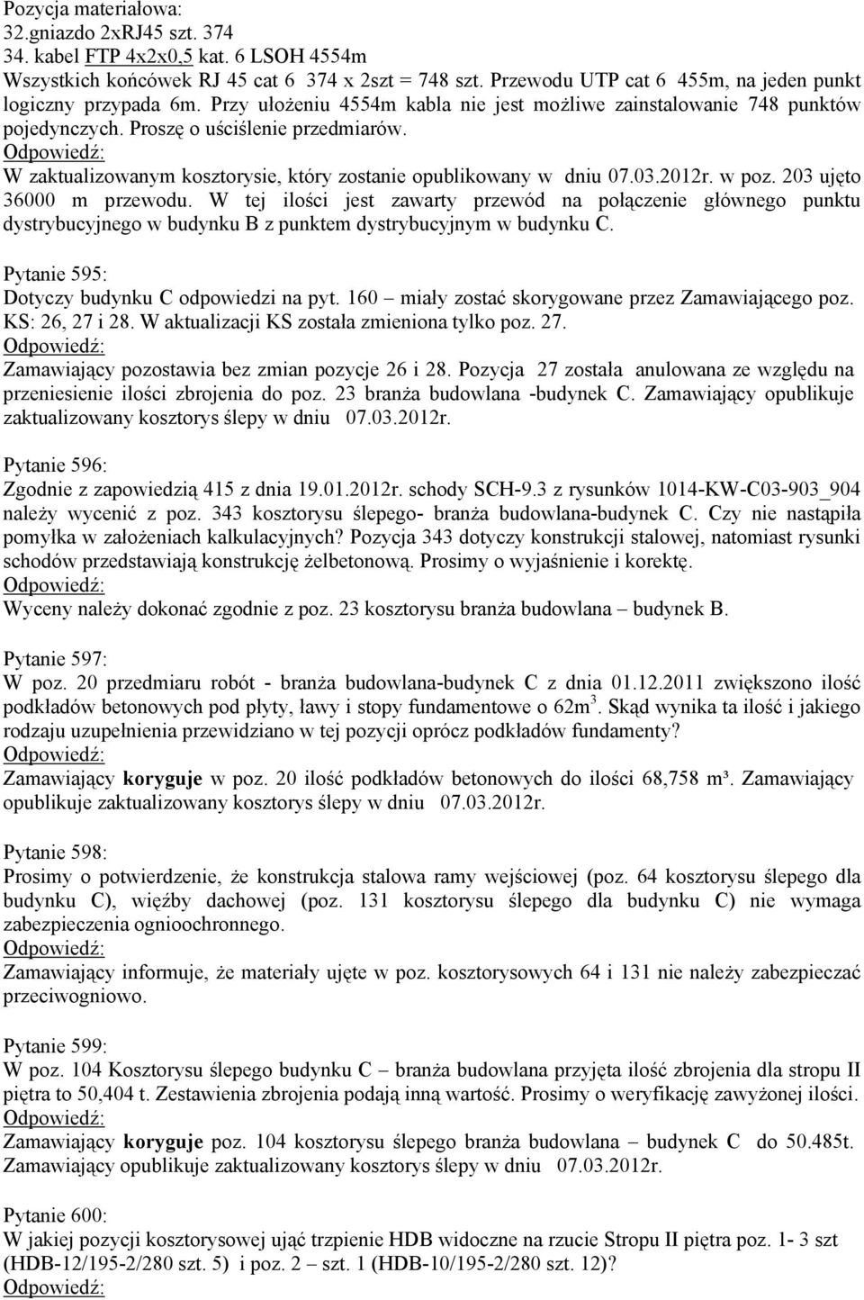 W zaktualizowanym kosztorysie, który zostanie opublikowany w dniu 07.03.2012r. w poz. 203 ujęto 36000 m przewodu.