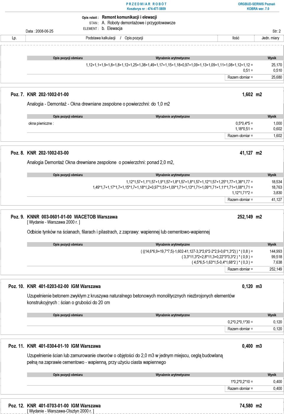 KNR 202-1002-01-00 Analogia - DemontaŜ - Okna drewniane zespolone o powierzchni: do 1,0 m2 1,602 m2 okna piwniczne : 0,5*0,4*5 = 1,000 1,18*0,51 = 0,602 Razem obmiar = 1,602 Poz. 8.