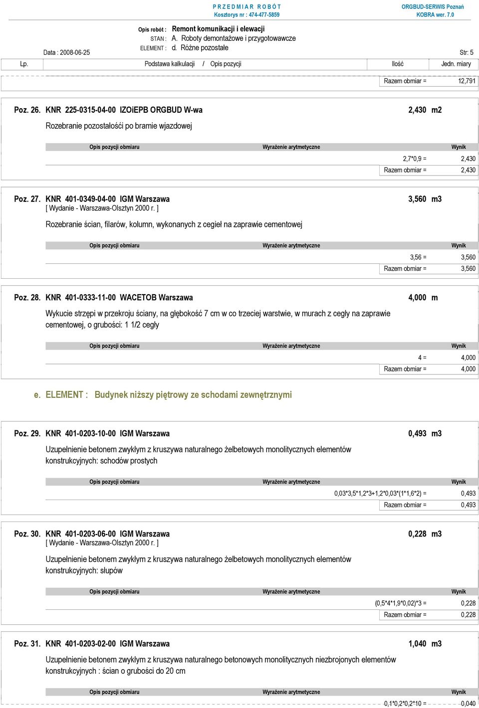 KNR 401-0349-04-00 IGM Warszawa 3,560 m3 Rozebranie ścian, filarów, kolumn, wykonanych z cegieł na zaprawie cementowej 3,56 = 3,560 Razem obmiar = 3,560 Poz. 28.