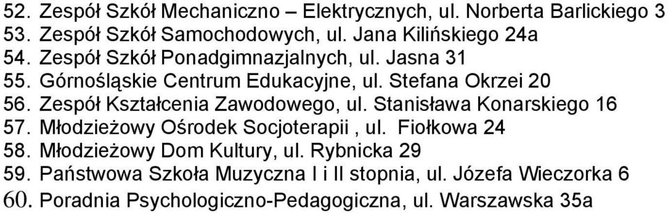 Zespół Kształcenia Zawodowego, ul. Stanisława Konarskiego 16 57. Młodzieżowy Ośrodek Socjoterapii, ul. Fiołkowa 24 58.