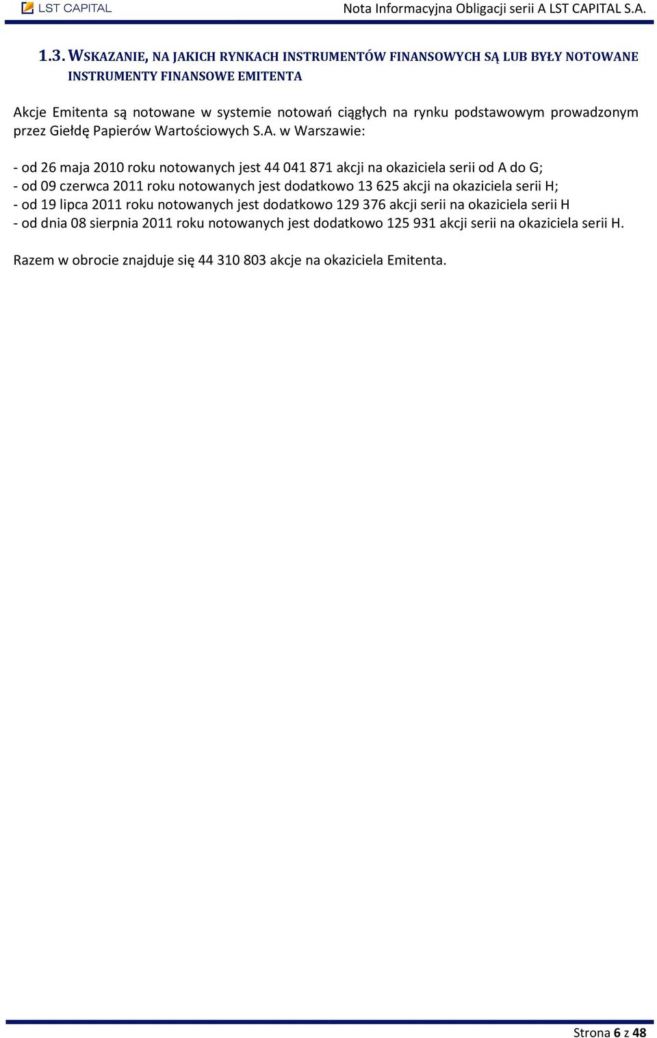 w Warszawie: - od 26 maja 2010 roku notowanych jest 44 041 871 akcji na okaziciela serii od A do G; - od 09 czerwca 2011 roku notowanych jest dodatkowo 13 625 akcji na