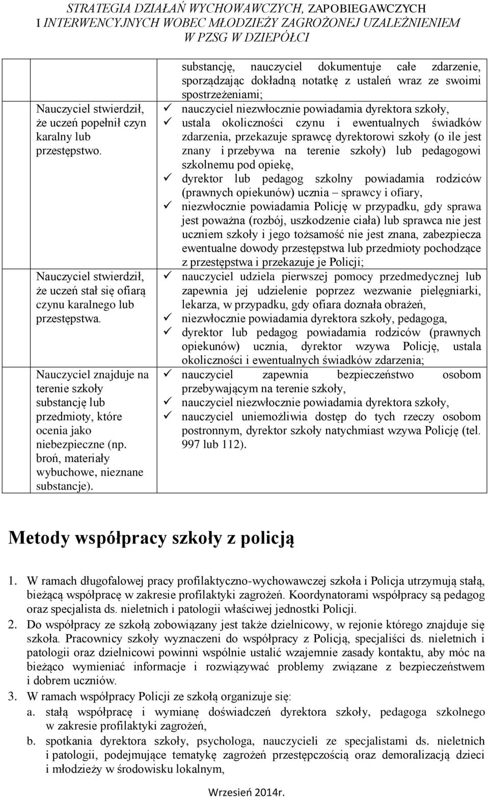 substancję, nauczyciel dokumentuje całe zdarzenie, sporządzając dokładną notatkę z ustaleń wraz ze swoimi spostrzeżeniami; nauczyciel niezwłocznie powiadamia dyrektora szkoły, ustala okoliczności