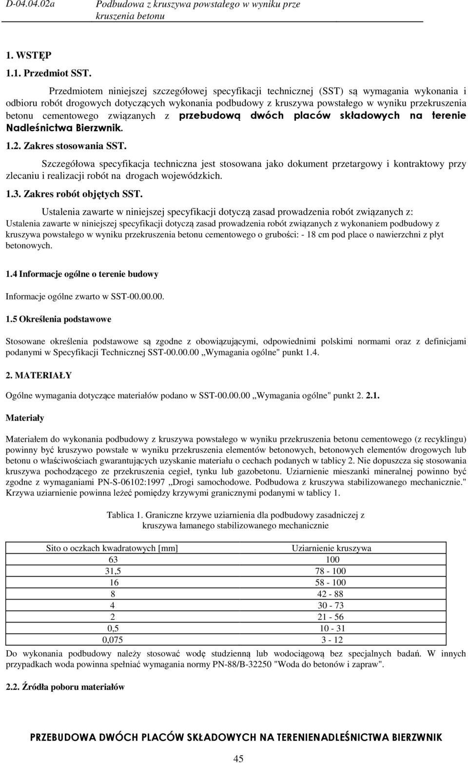 cementowego związanych z przebudową dwóch placów składowych na terenie Nadleśnictwa Bierzwnik. 1.2. Zakres stosowania SST.