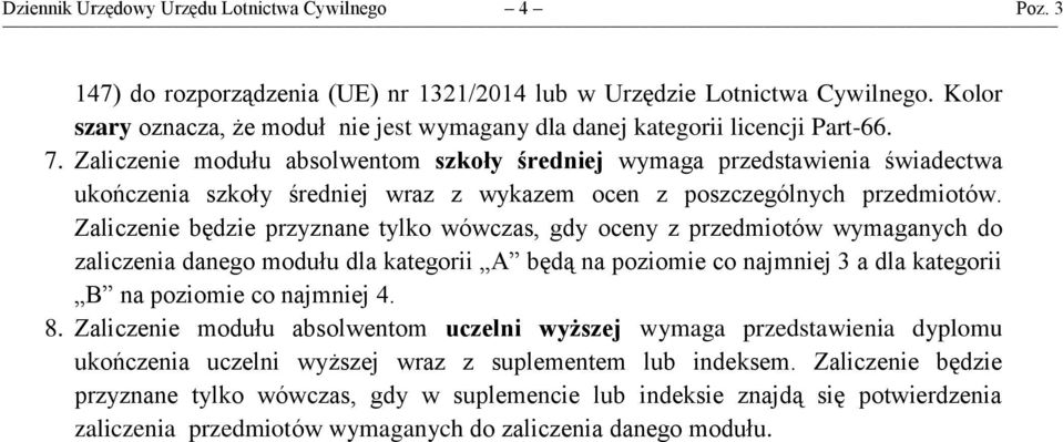 Zaliczenie modułu absolwentom szkoły średniej wymaga przedstawienia świadectwa ukończenia szkoły średniej wraz z wykazem ocen z poszczególnych przedmiotów.