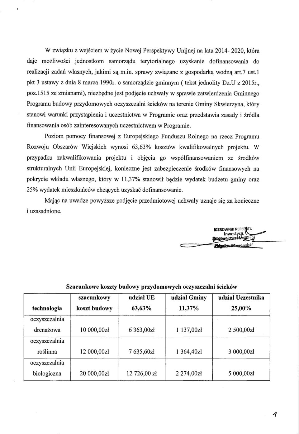 1515 ze zmianami), niezbędne jest podjęcie uchwały w sprawie zatwierdzenia Gminnego Programu budowy przydomowych oczyszczalni ścieków na terenie Gminy Skwierzyna, który stanowi warunki przystąpienia