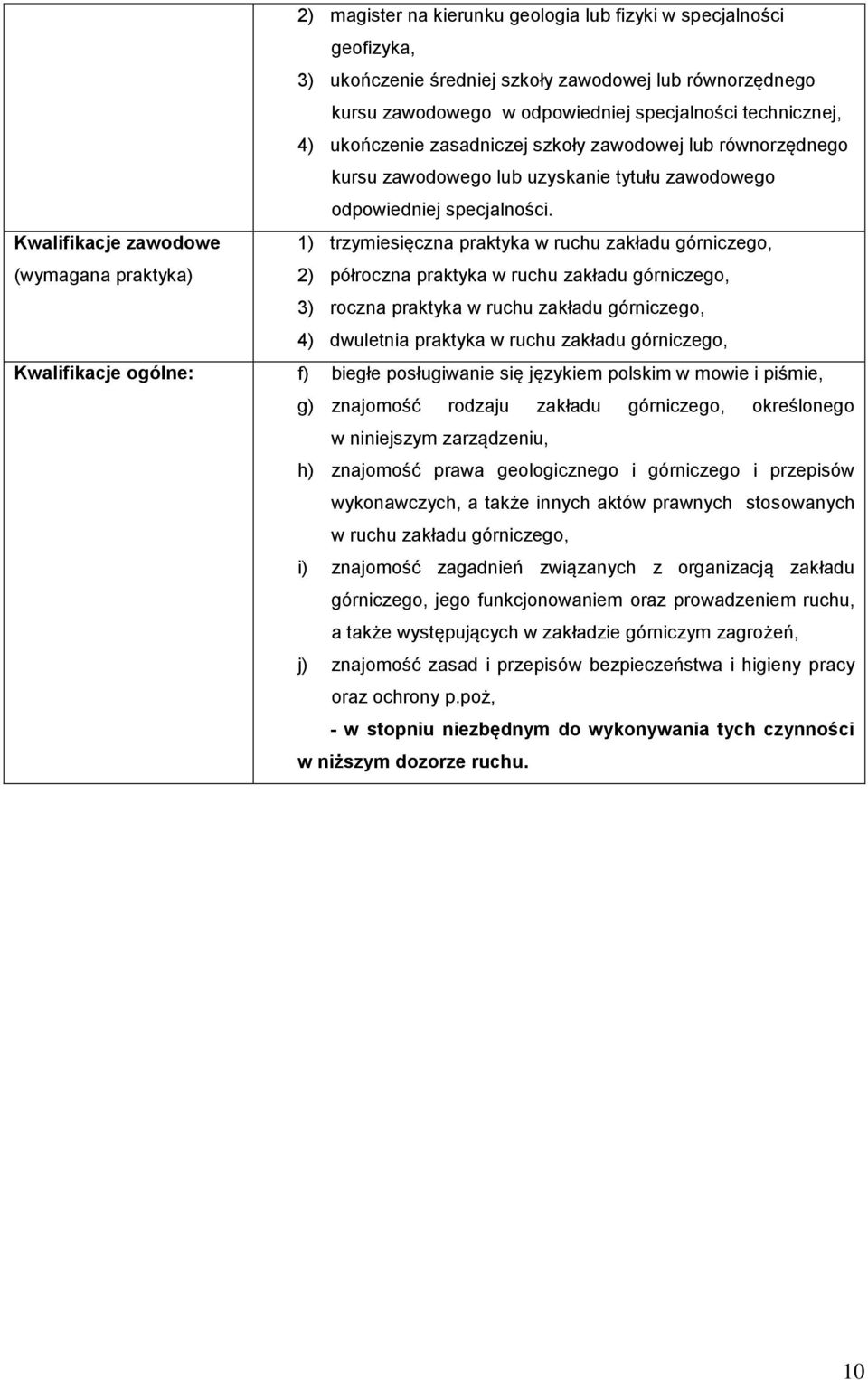 Kwalifikacje zawodowe 1) trzymiesięczna praktyka w ruchu zakładu górniczego, (wymagana praktyka) 2) półroczna praktyka w ruchu zakładu górniczego, 3) roczna praktyka w ruchu zakładu górniczego, 4)