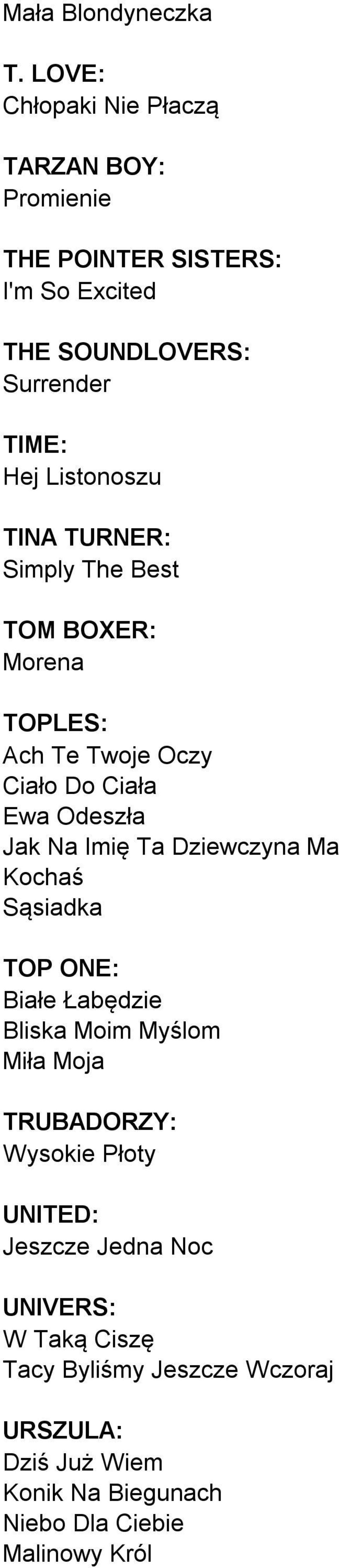 TINA TURNER: Simply The Best TOM BOXER: Morena TOPLES: Ach Te Twoje Oczy Ciało Do Ciała Ewa Odeszła Jak Na Imię Ta Dziewczyna Ma