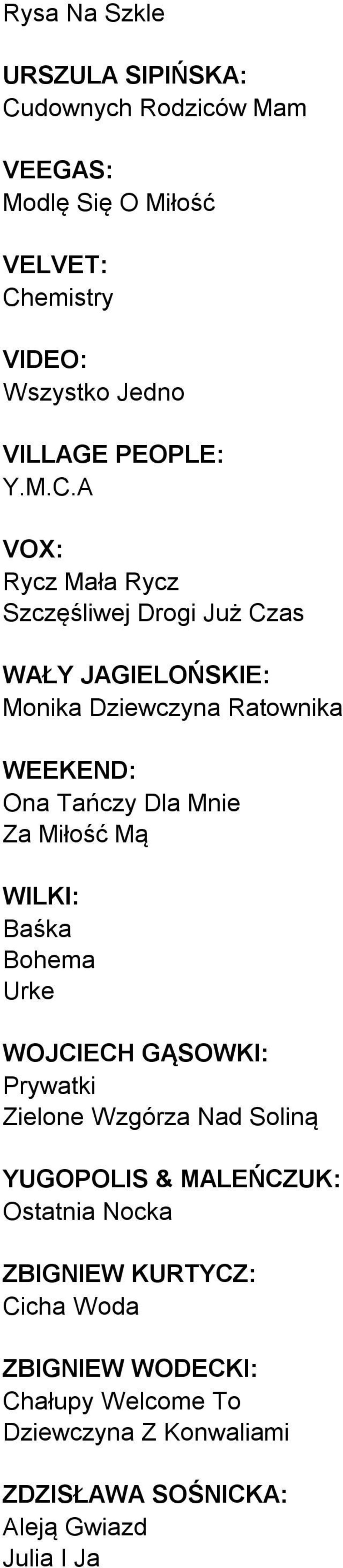 A VOX: Rycz Mała Rycz Szczęśliwej Drogi Już Czas WAŁY JAGIELOŃSKIE: Monika Dziewczyna Ratownika WEEKEND: Ona Tańczy Dla Mnie Za