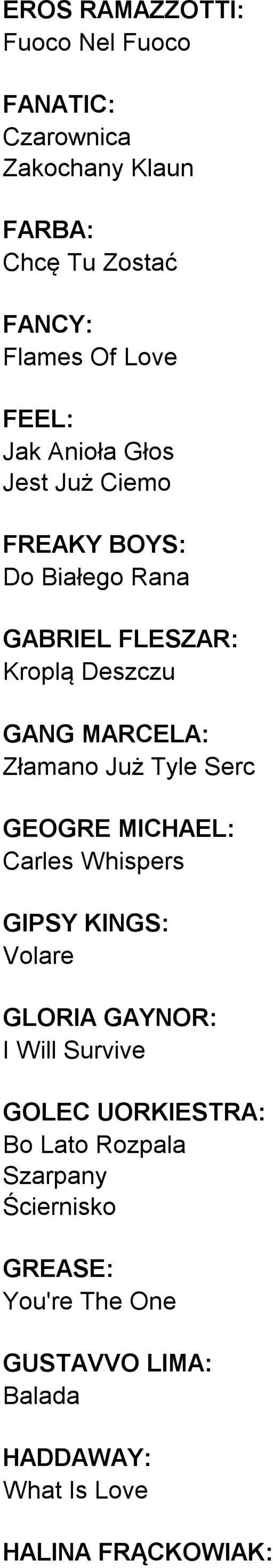 Złamano Już Tyle Serc GEOGRE MICHAEL: Carles Whispers GIPSY KINGS: Volare GLORIA GAYNOR: I Will Survive GOLEC