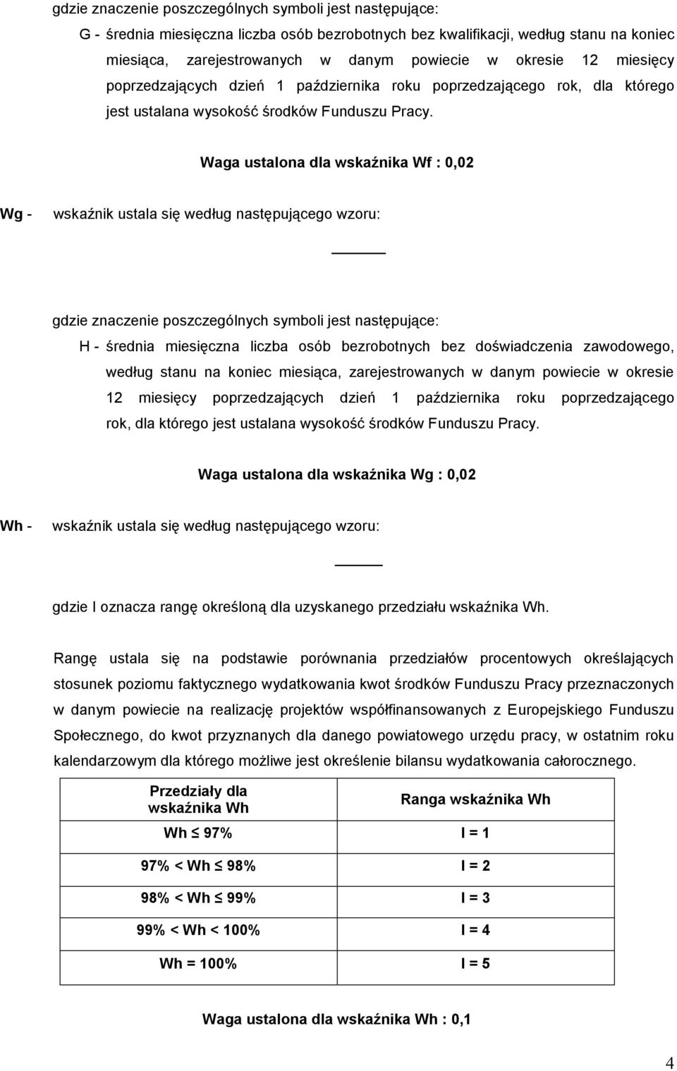 wskaźnika Wg : 0,02 Wh - gdzie I oznacza rangę określoną dla uzyskanego przedziału wskaźnika Wh.