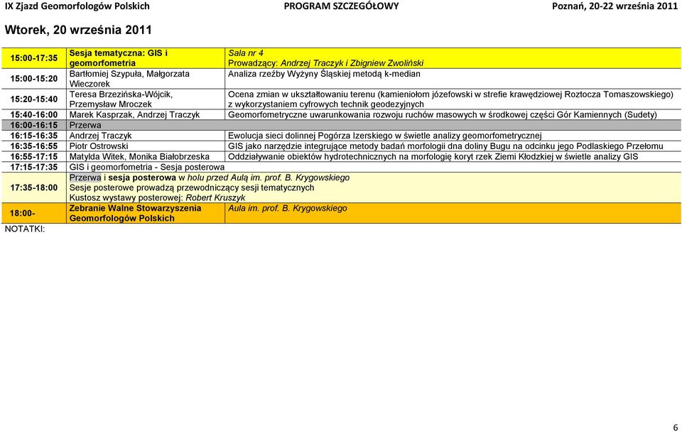 z wykorzystaniem cyfrowych technik geodezyjnych 15:40-16:00 Marek Kasprzak, Andrzej Traczyk Geomorfometryczne uwarunkowania rozwoju ruchów masowych w środkowej części Gór Kamiennych (Sudety)