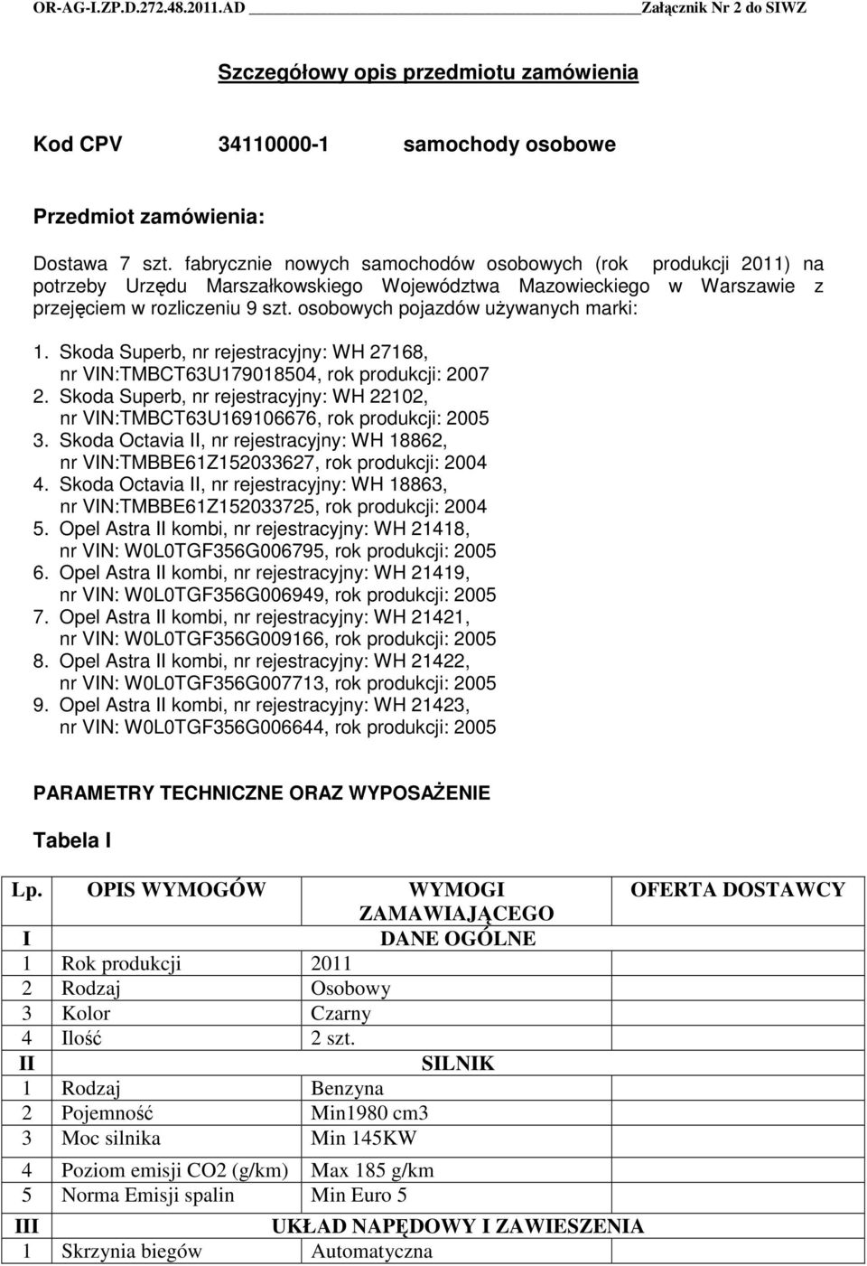 osobowych pojazdów uywanych marki: 1. Skoda Superb, nr rejestracyjny: WH 27168, nr VIN:TMBCT63U179018504, rok produkcji: 2007 2.