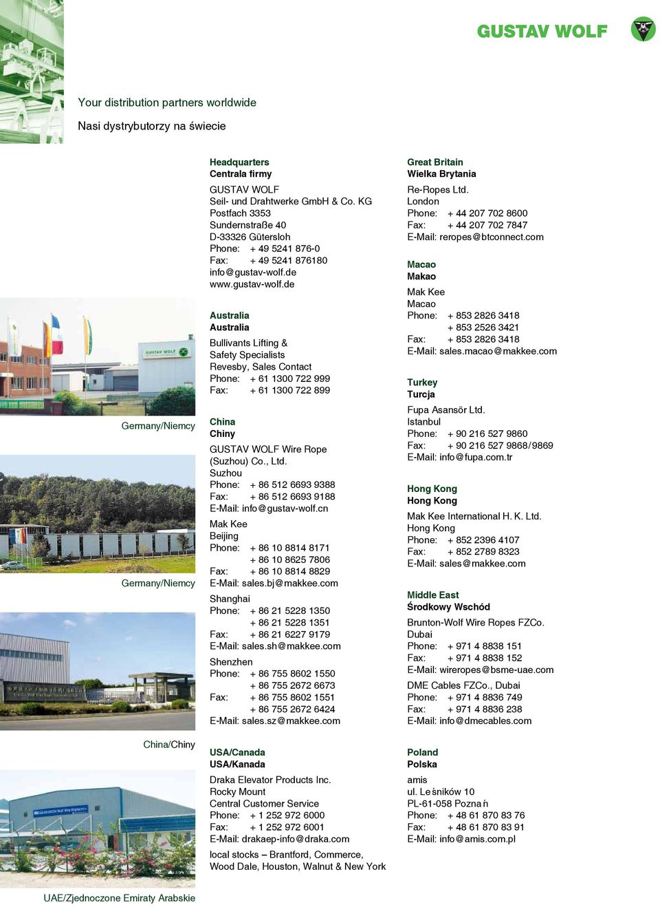 de www.gustav-wolf.de Australia Australia Bullivants Lifting & Safety Specialists Revesby, Sales Contact Phone: + 61 1300 722 999 Fax: + 61 1300 722 899 China Chiny GUSTAV WOLF Wire Rope (Suzhou) Co.