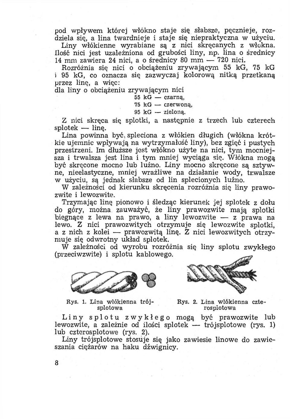 Rozróżnia się nici o obciążeniu zrywającym 55 kg, 75 kg i 95 kg, co oznacza się zazwyczaj kolorową nitką przetkaną przez linę, a więc: dla liny o obciążeniu zrywającym nici 55 kg czarną, 75 kg