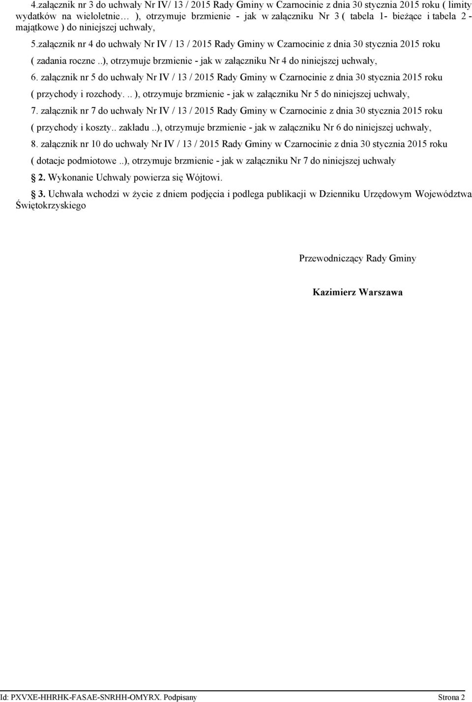 .), otrzymuje brzmienie - jak w załączniku Nr 4 do niniejszej uchwały, 6. załącznik nr 5 do uchwały Nr IV / 13 / 2015 Rady Gminy z dnia 30 stycznia 2015 roku ( przychody i rozchody.