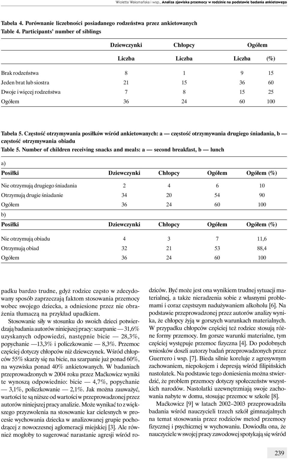Tabela 5. Częstość otrzymywania posiłków wśród ankietowanych: a częstość otrzymywania drugiego śniadania, b częstość otrzymywania obiadu Table 5.