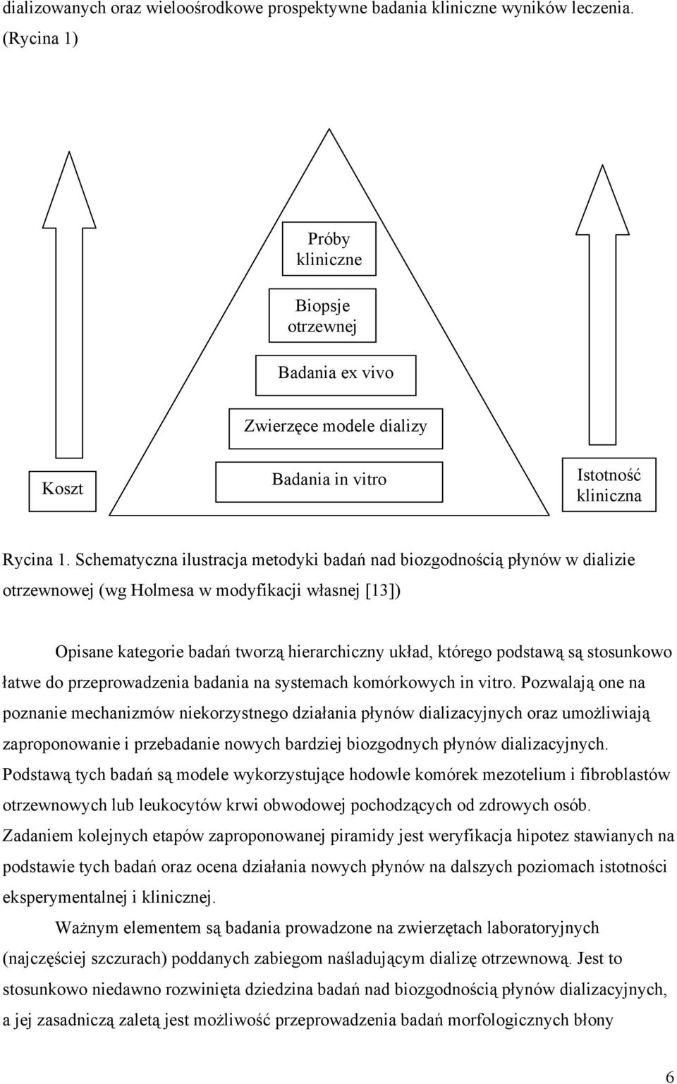 Schematyczna ilustracja metodyki badań nad biozgodnością płynów w dializie otrzewnowej (wg Holmesa w modyfikacji własnej [13]) Opisane kategorie badań tworzą hierarchiczny układ, którego podstawą są