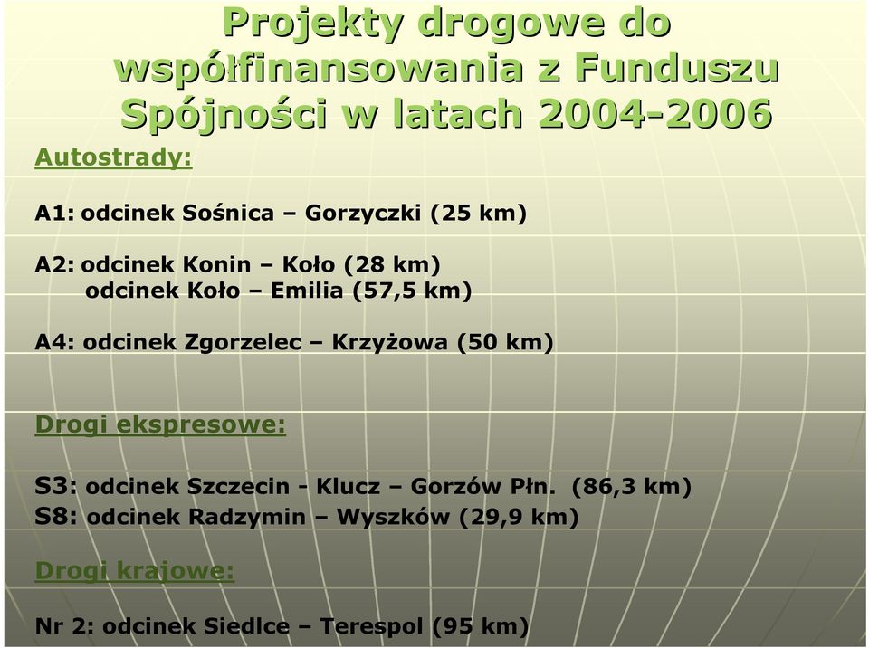 A4: odcinek Zgorzelec Krzyżowa (50 km) Drogi ekspresowe: S3: odcinek Szczecin - Klucz Gorzów Płn.