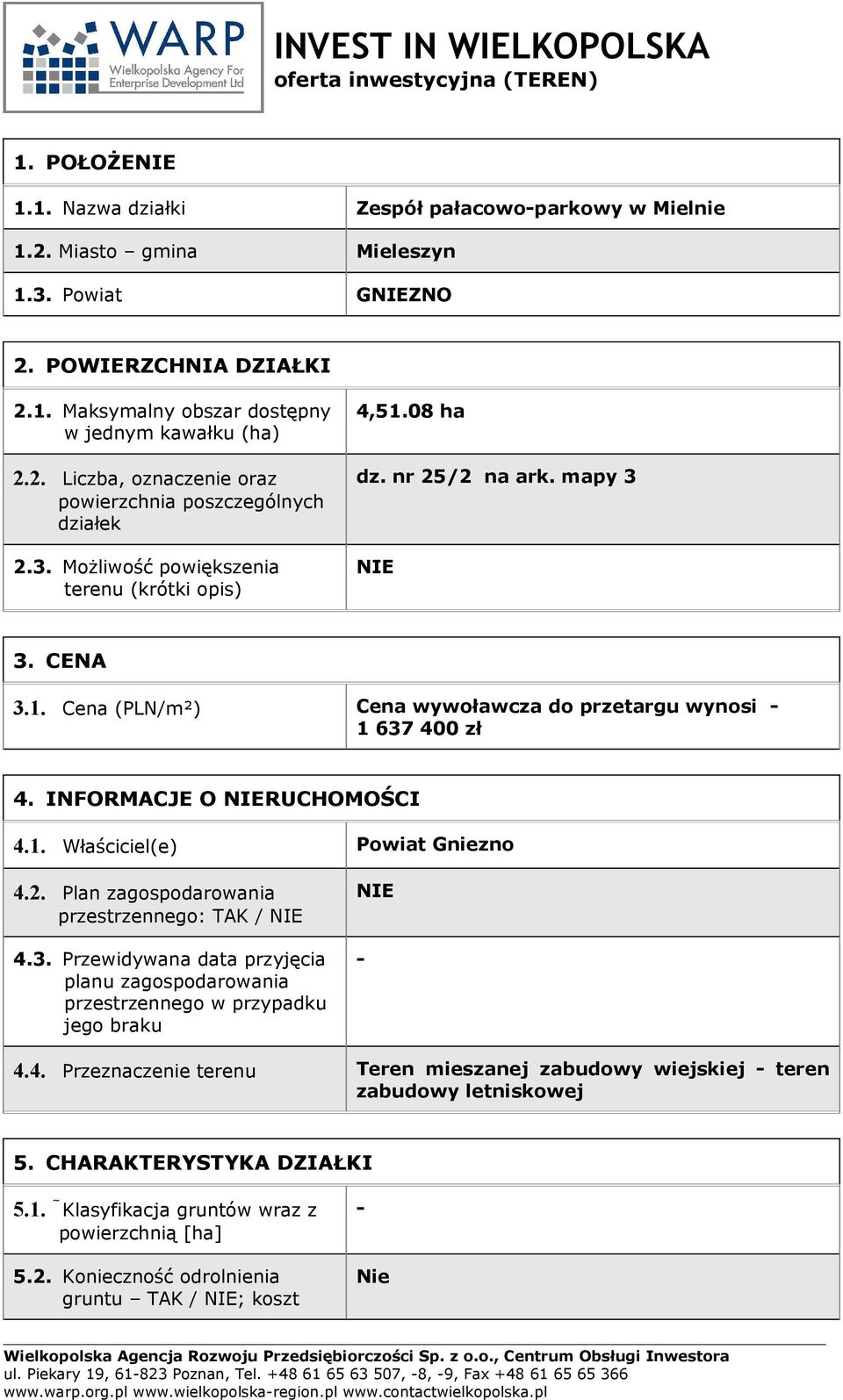 INFORMACJE O RUCHOMOŚCI 4.1. Właściciel(e) Powiat Gniezno 4.2. Plan zagospodarowania przestrzennego: TAK / 4.3.