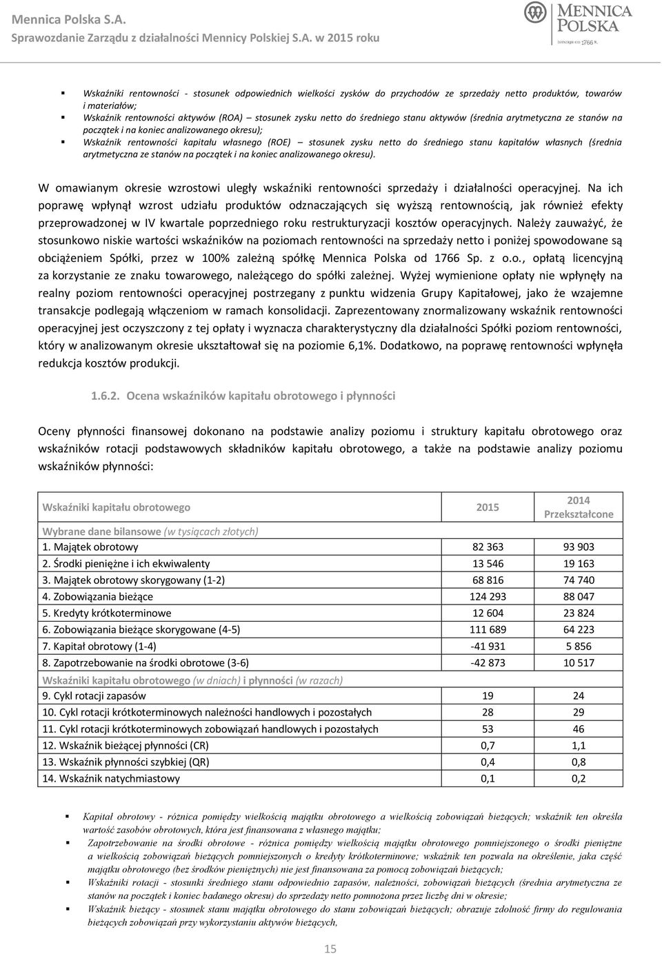 (średnia arytmetyczna ze stanów na początek i na koniec analizowanego okresu). W omawianym okresie wzrostowi uległy wskaźniki rentowności sprzedaży i działalności operacyjnej.