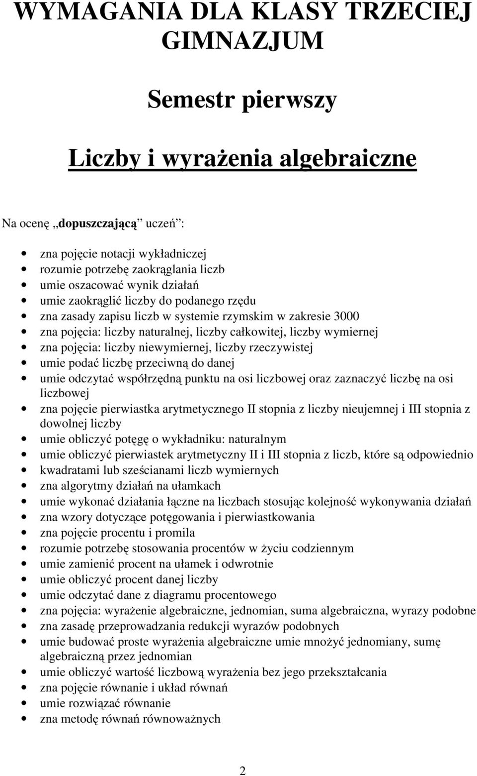 pojęcia: liczby niewymiernej, liczby rzeczywistej umie podać liczbę przeciwną do danej umie odczytać współrzędną punktu na osi liczbowej oraz zaznaczyć liczbę na osi liczbowej zna pojęcie pierwiastka