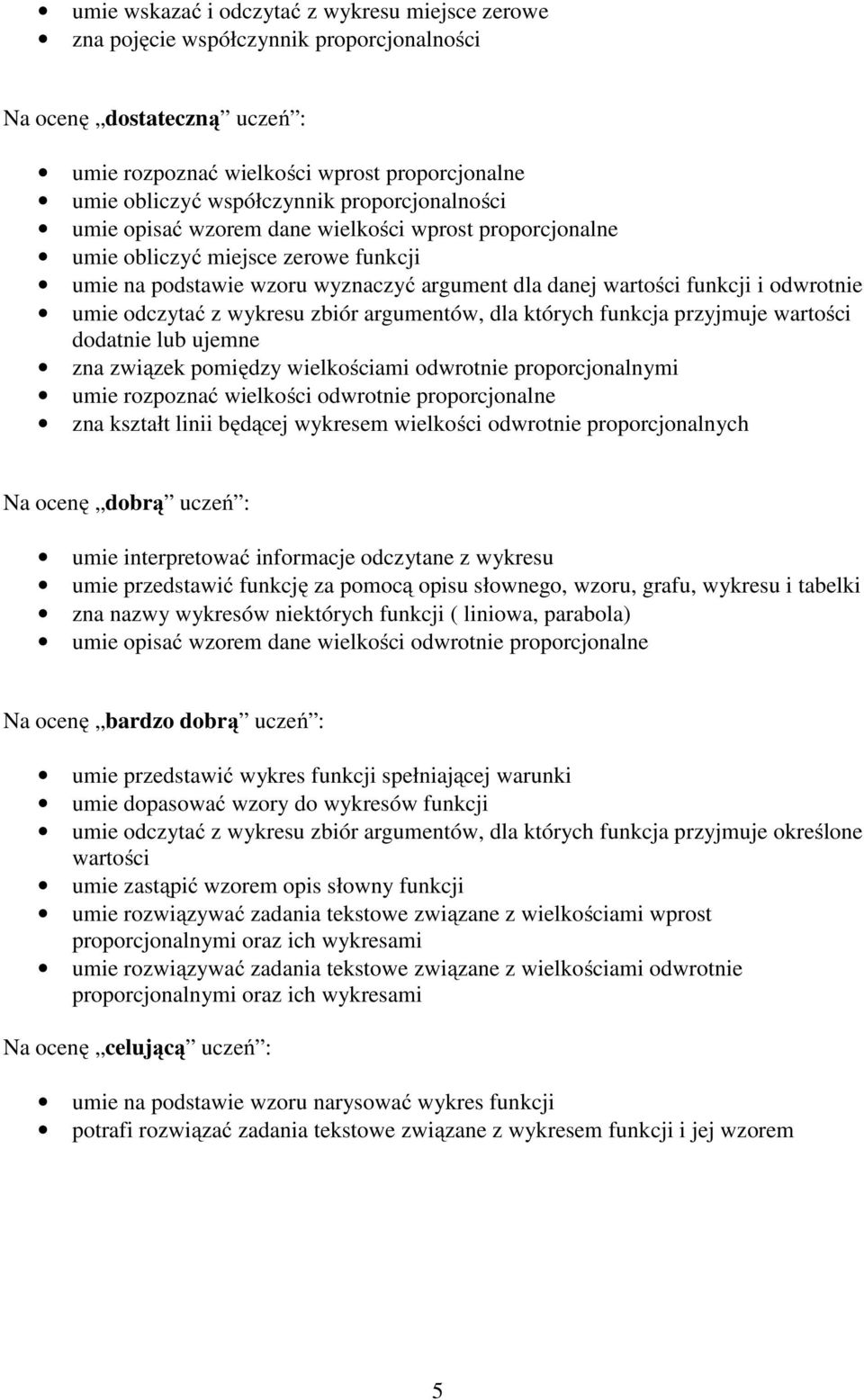 odczytać z wykresu zbiór argumentów, dla których funkcja przyjmuje wartości dodatnie lub ujemne zna związek pomiędzy wielkościami odwrotnie proporcjonalnymi umie rozpoznać wielkości odwrotnie